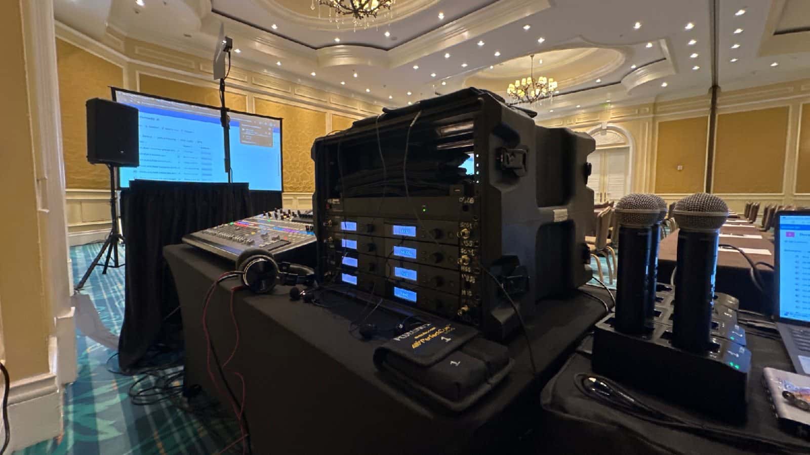 Rack case operating at a conference production control position