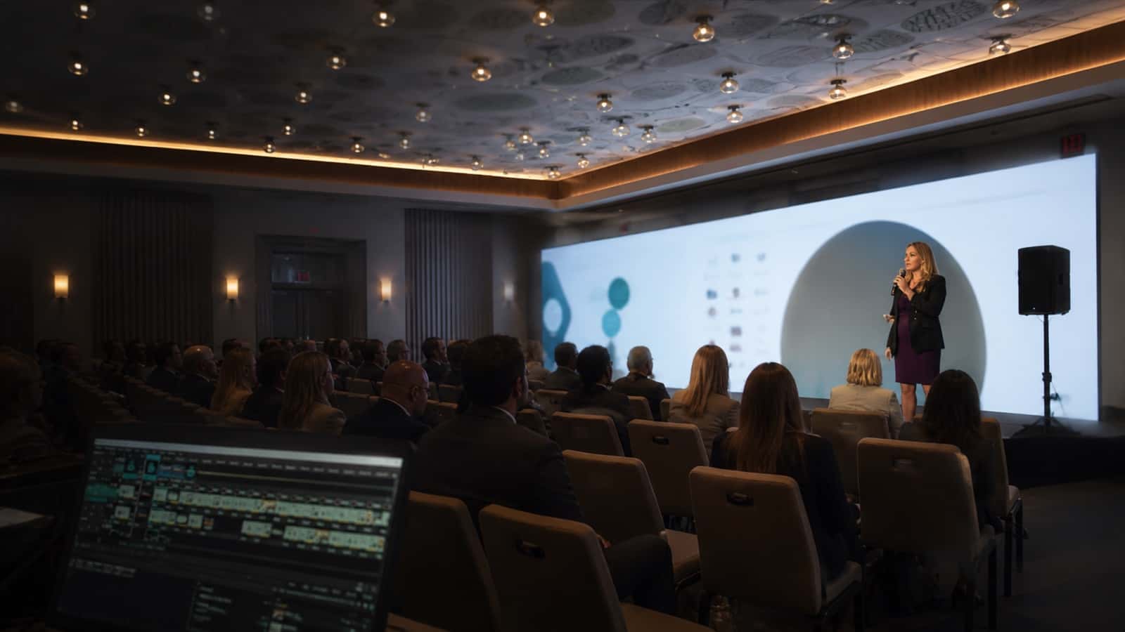 Presenter speaking into a wireless microphone beside an event speaker at a conference