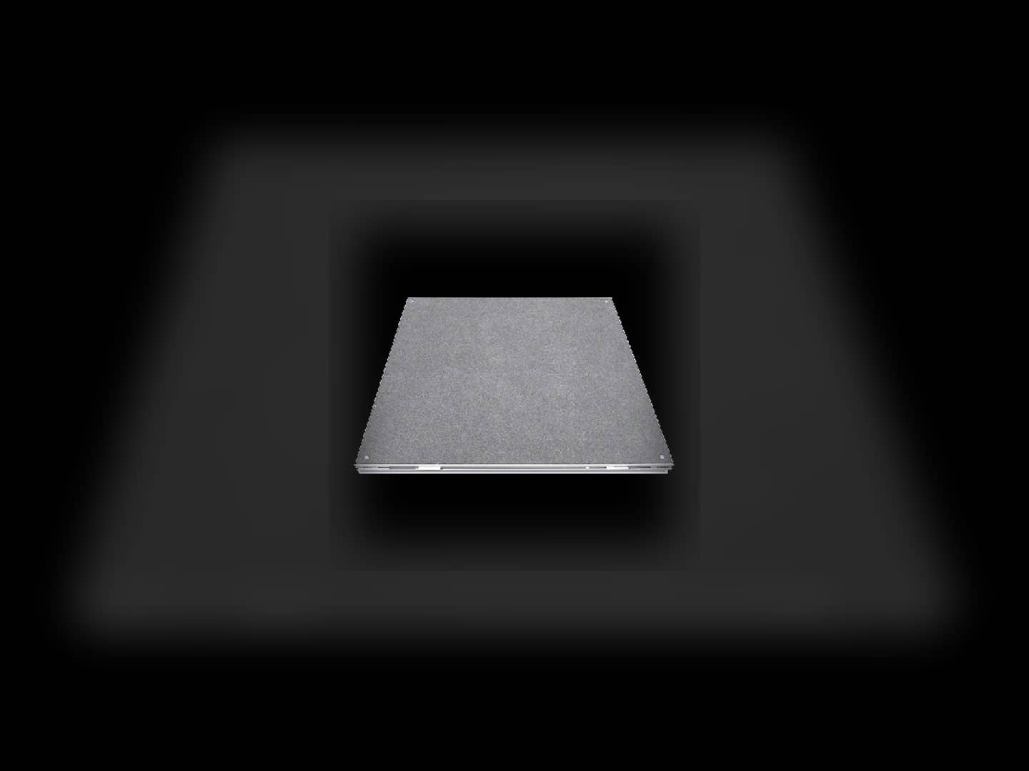 Close view of a separate IntelliStage carpeted platform panel and its finished edge