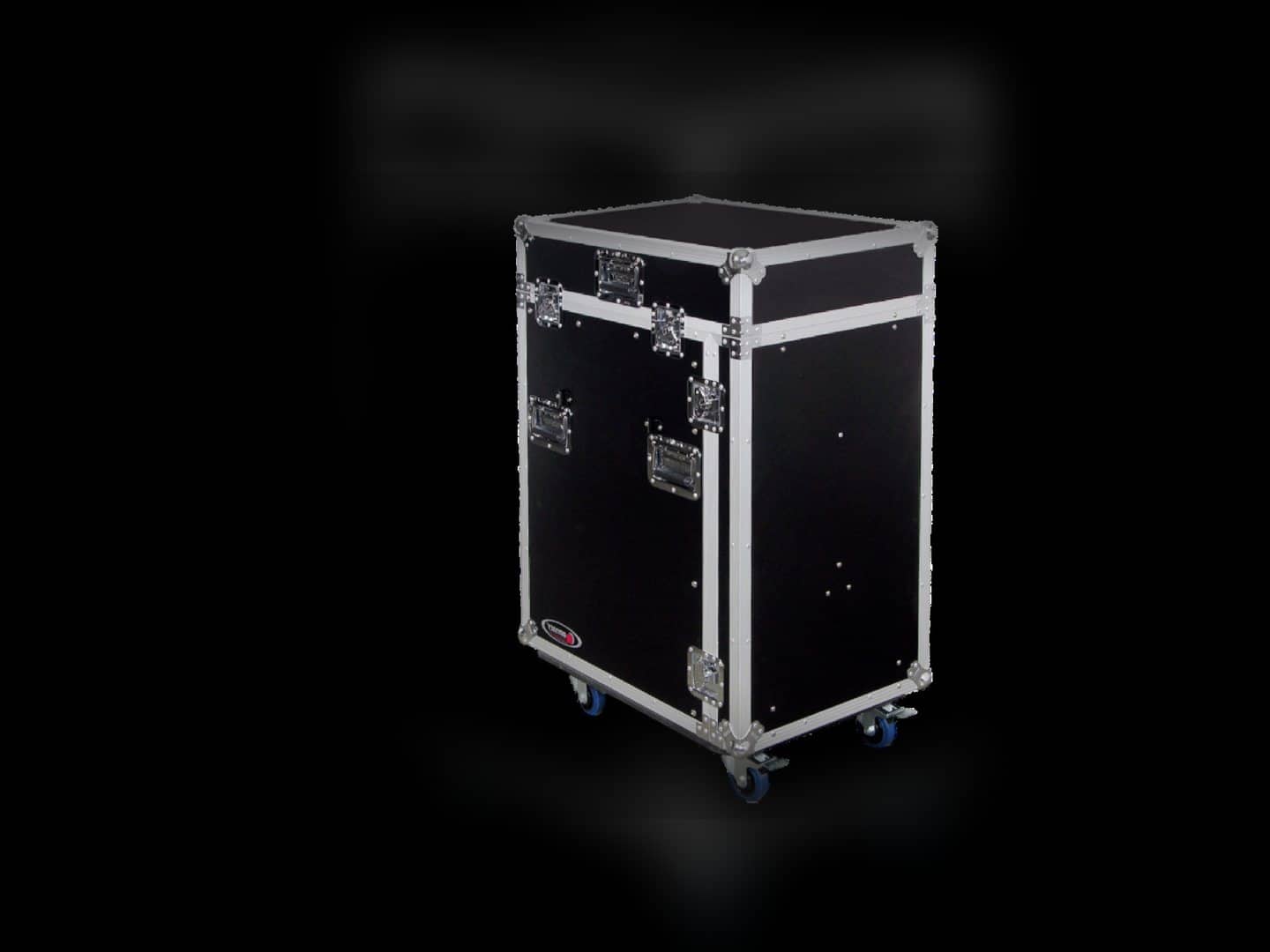 Odyssey rolling rack mixer case with panels, latches, handles, and casters visible