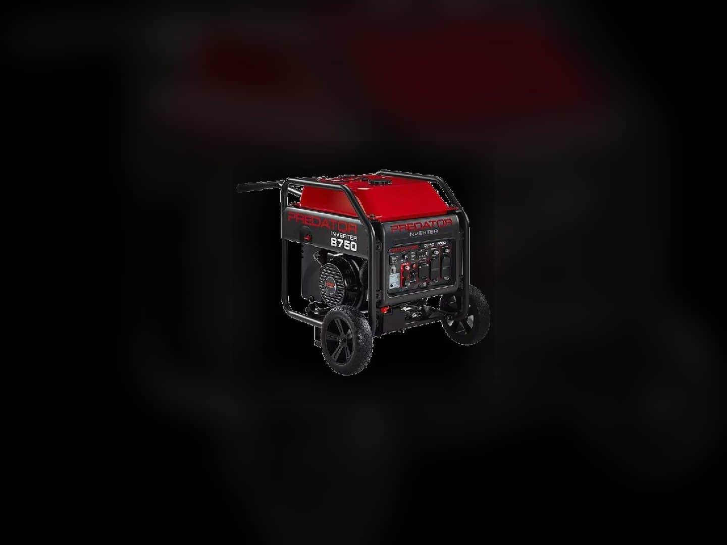 Predator 8750 inverter generator with frame, wheels, engine, and control panel visible