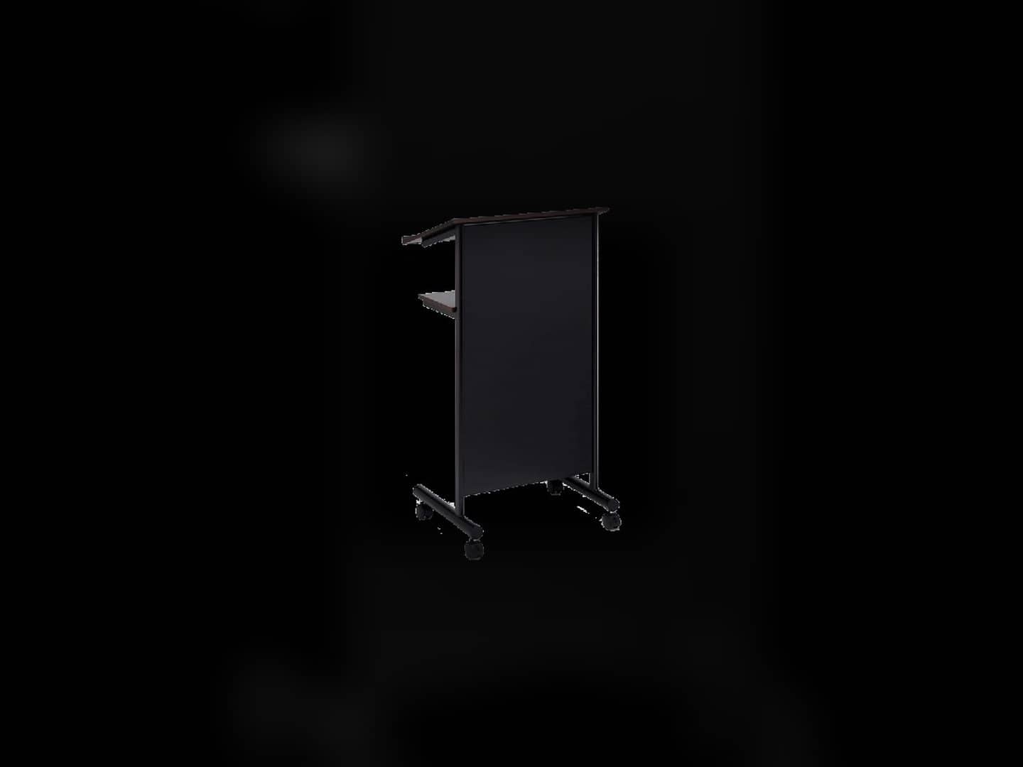 Black wheeled lectern with two shelves in an isolated product view