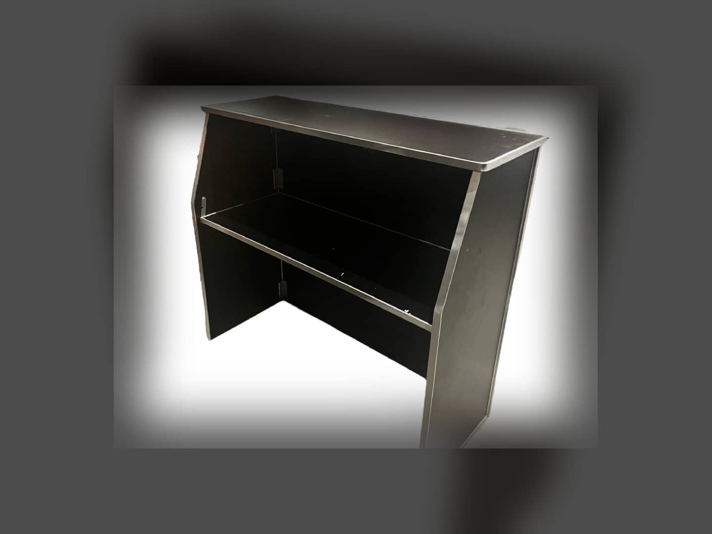 Rear of portable bar showing two open service shelves