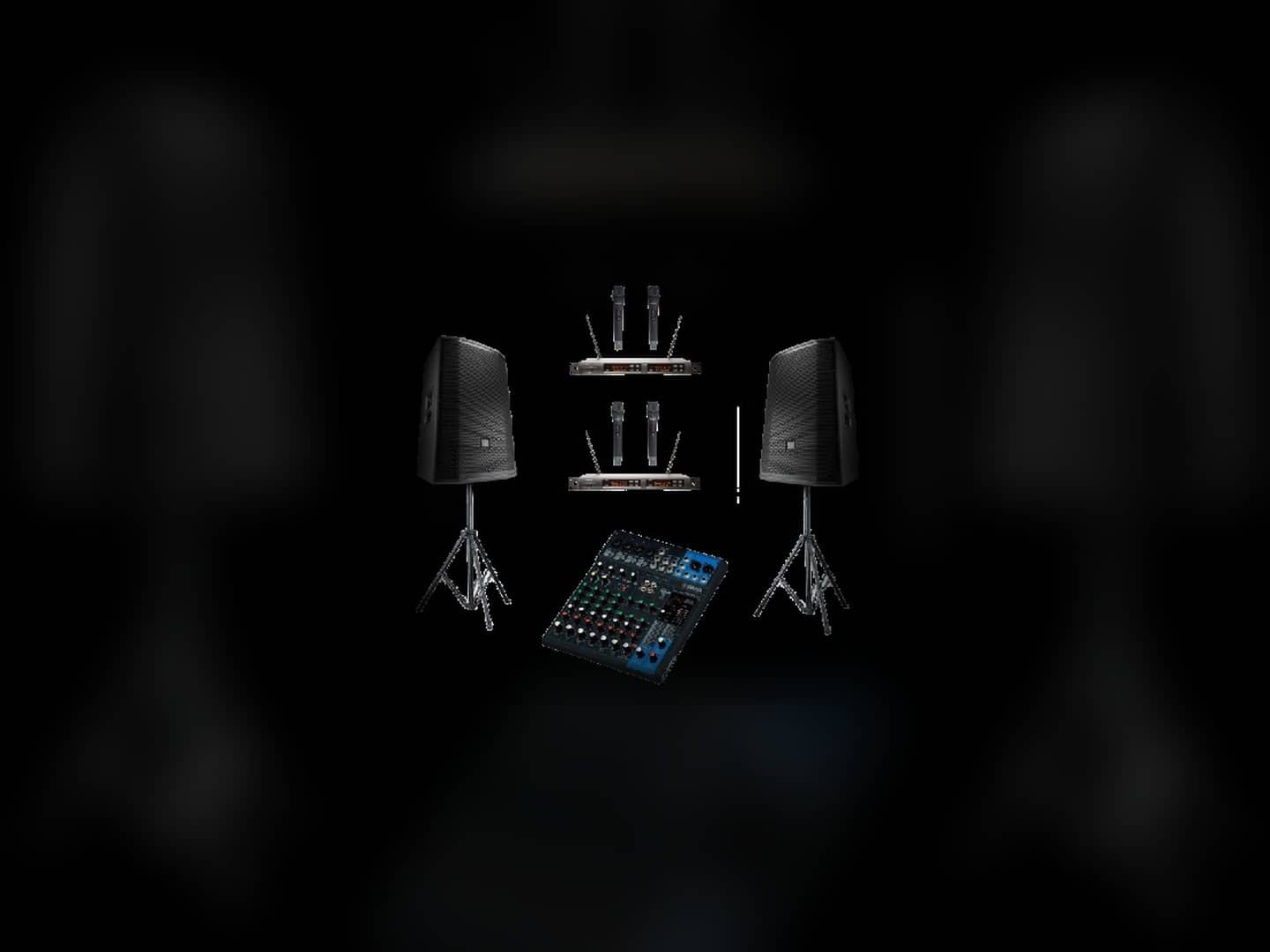 Microphone and speaker bundle with two speakers, wireless mics, receivers, and mixer