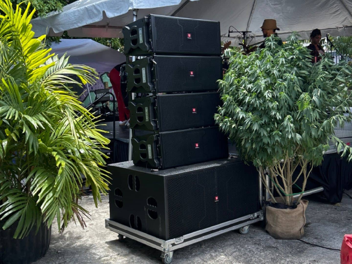 Dual eighteen-inch subwoofer supporting a compact outdoor line-array stack