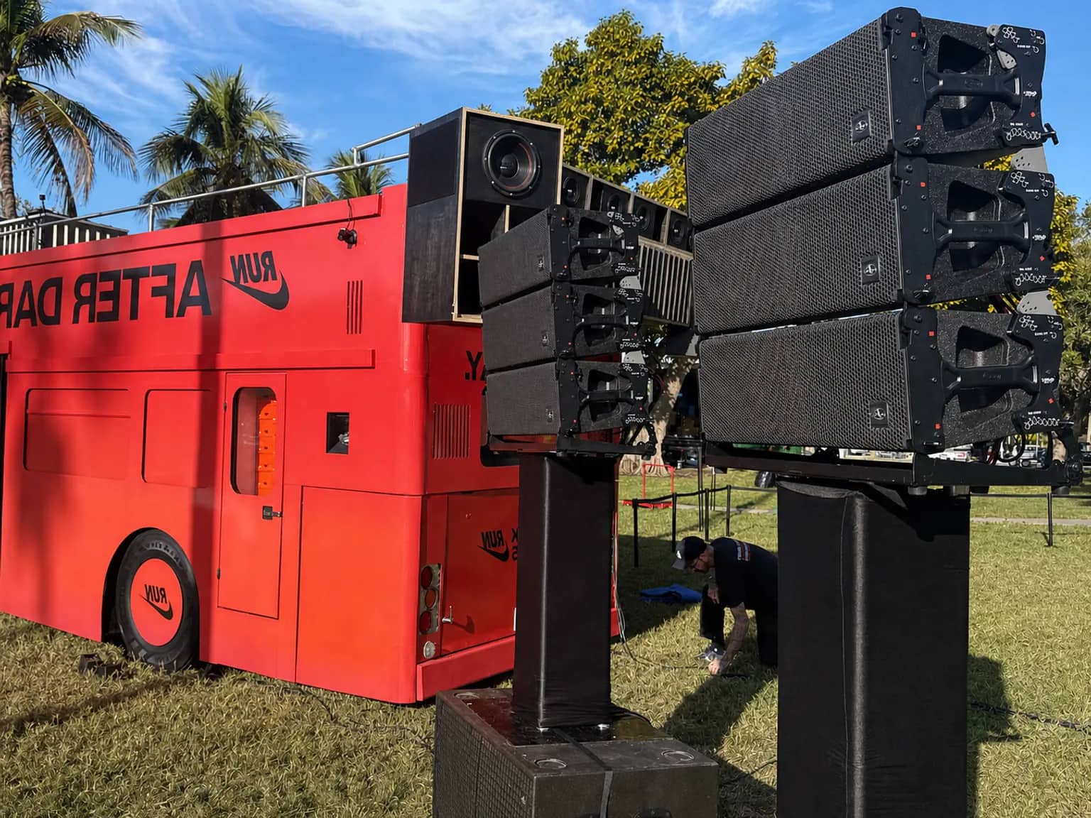 Professional line-array sound systems prepared for a South Florida outdoor event