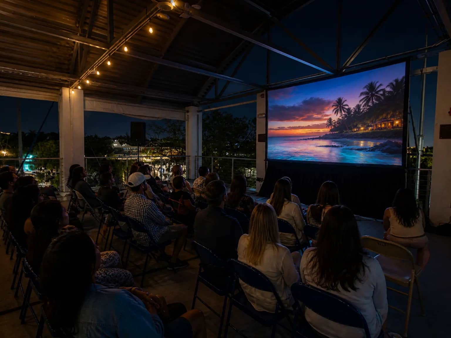 Audience watching a bright outdoor projection in a covered Miami venue at night