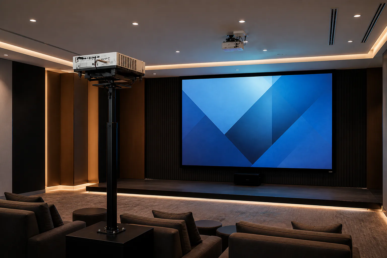 Professional projectors and presentation screen installed in a modern conference venue