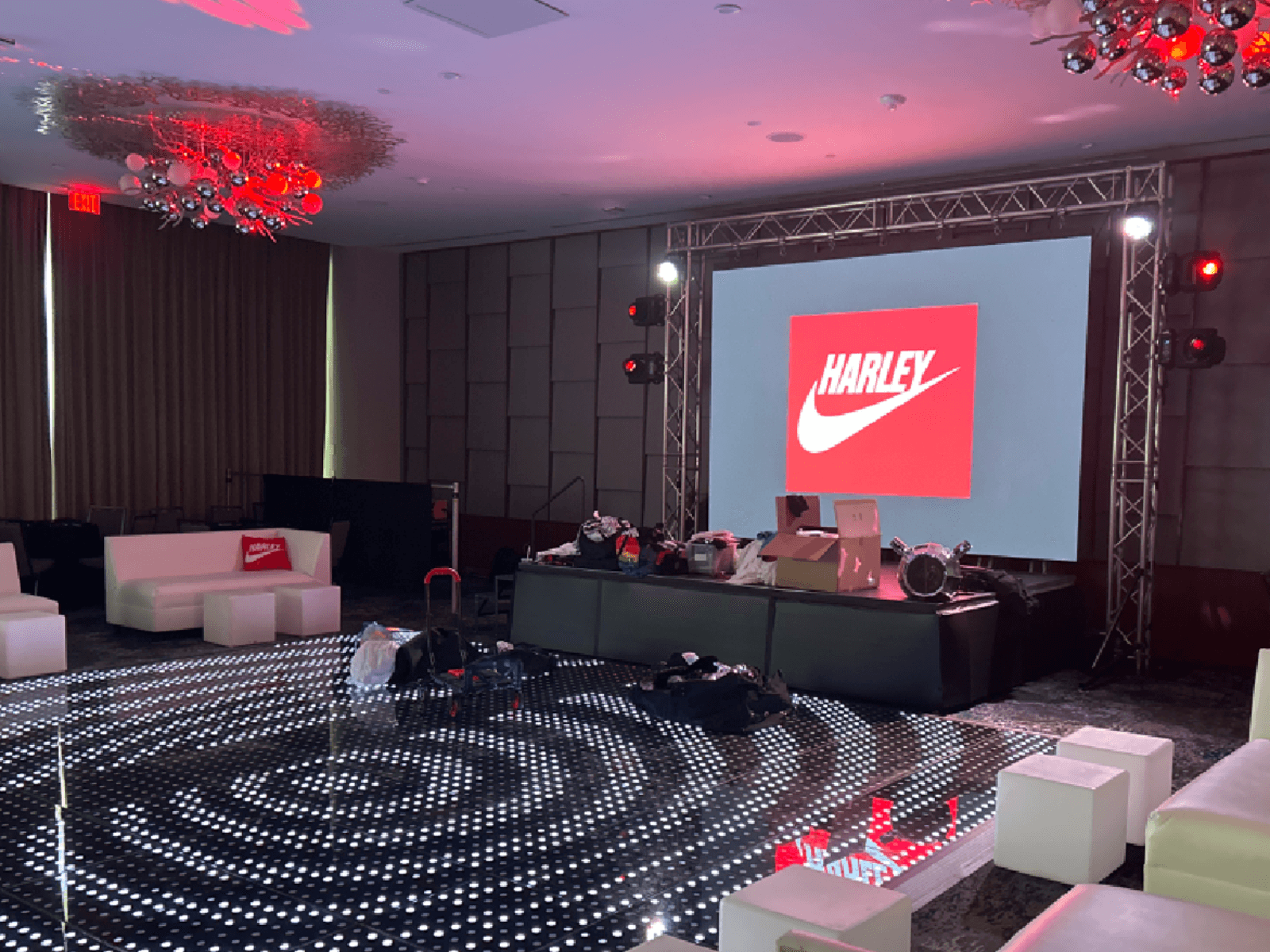 Bar mitzvah room prepared with event lighting and video production in Fort Lauderdale