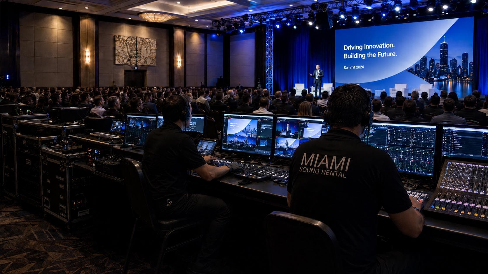 Miami Sound Rental technicians operating a corporate event production