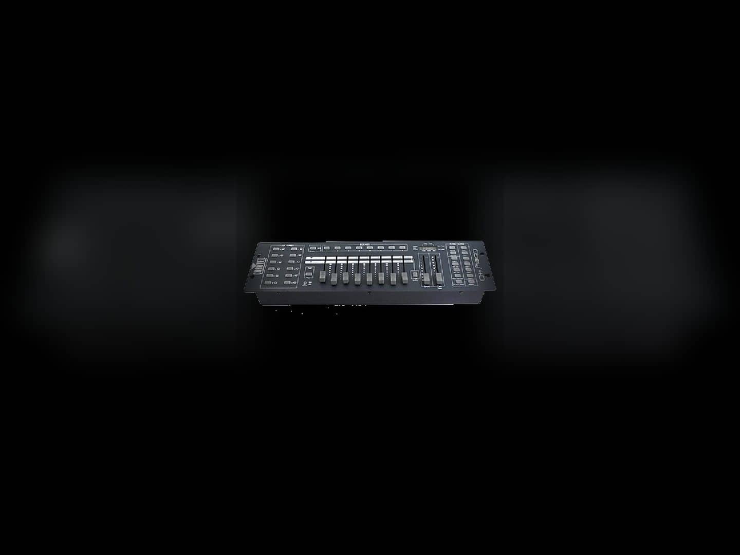 DMX lighting controller with faders and control surface visible