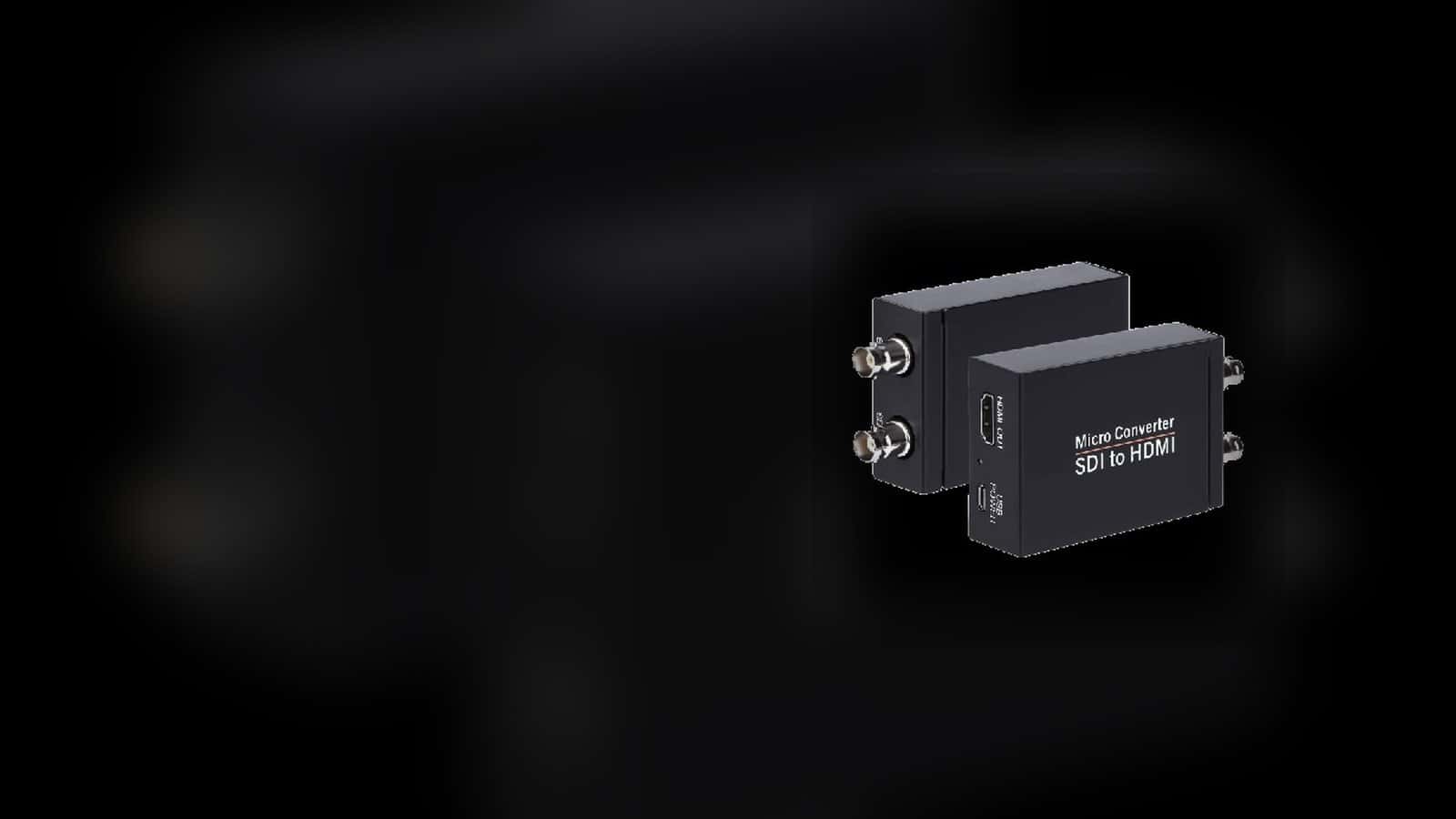 SDI-to-HDMI converter boxes with BNC and HDMI connection sides visible