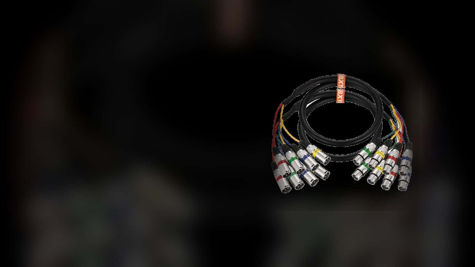 Coiled XLR snake with multiple color-coded audio connectors