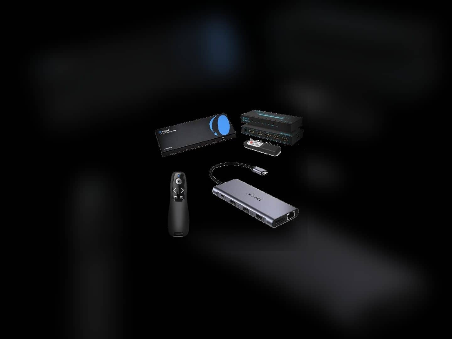 Presentation bundle with HDMI switching, splitting, adapters, and presentation clicker