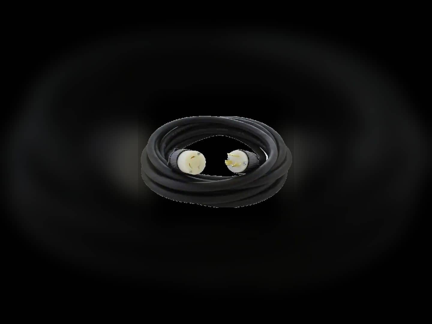 Coiled 14-30R twist-lock extension cable with both connectors visible