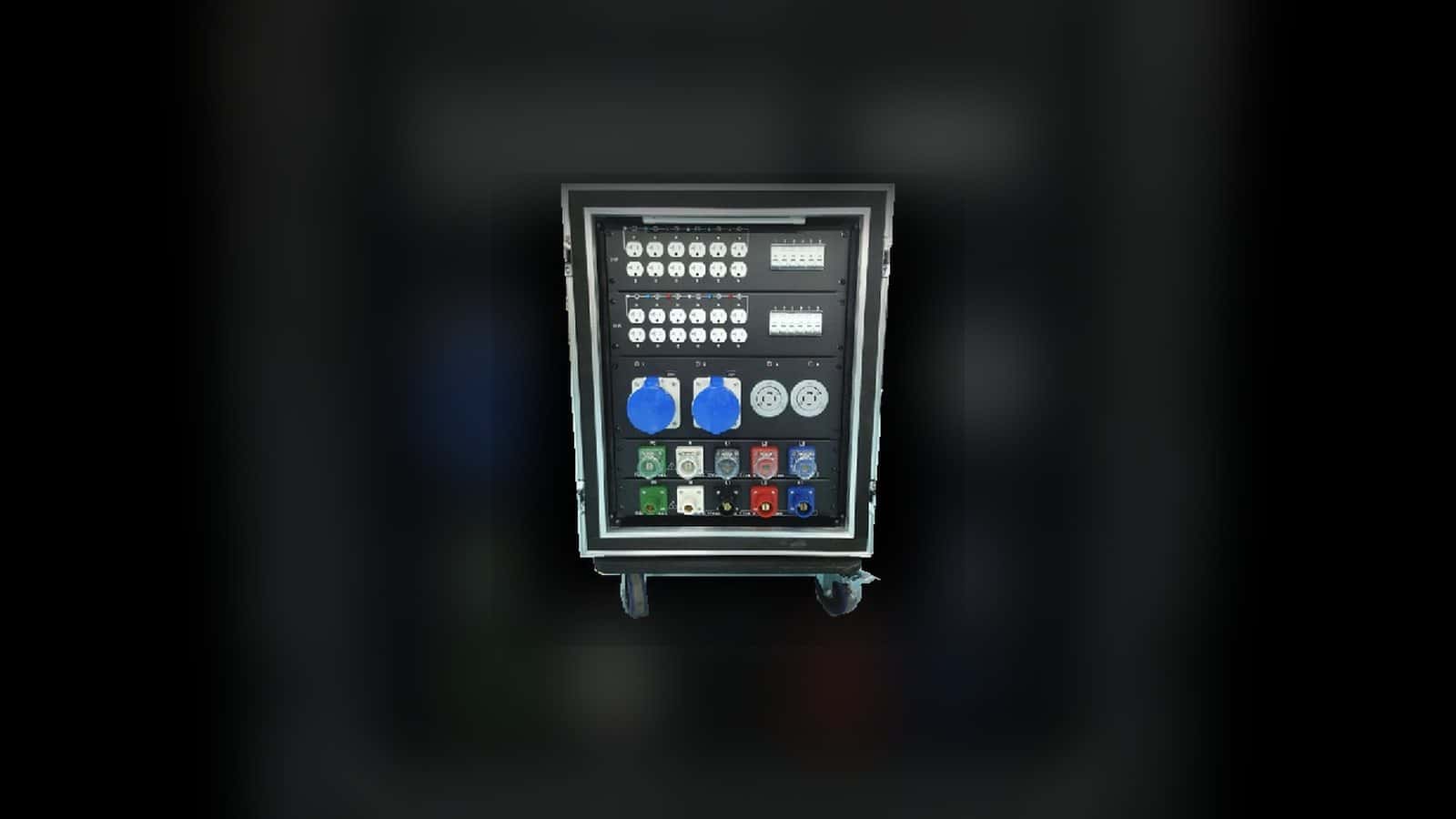 400-amp power distribution rack with its output panel visible