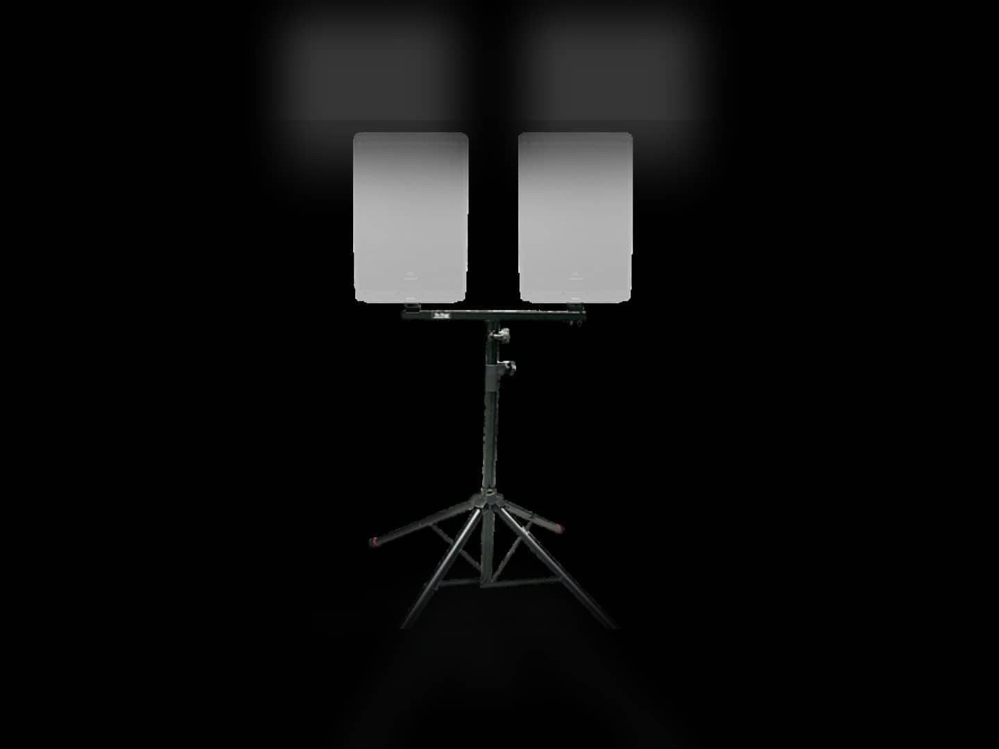 Dual mount adapter and tripod stand holding two speaker cabinets