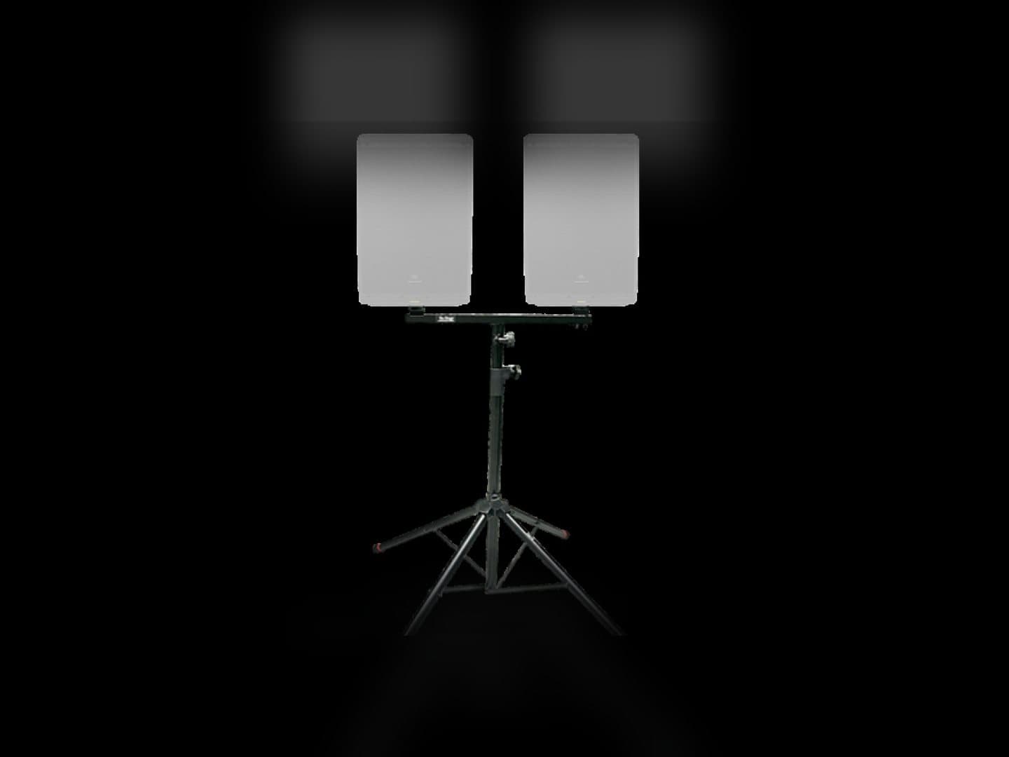 Dual mount adapter and tripod stand holding two speaker cabinets