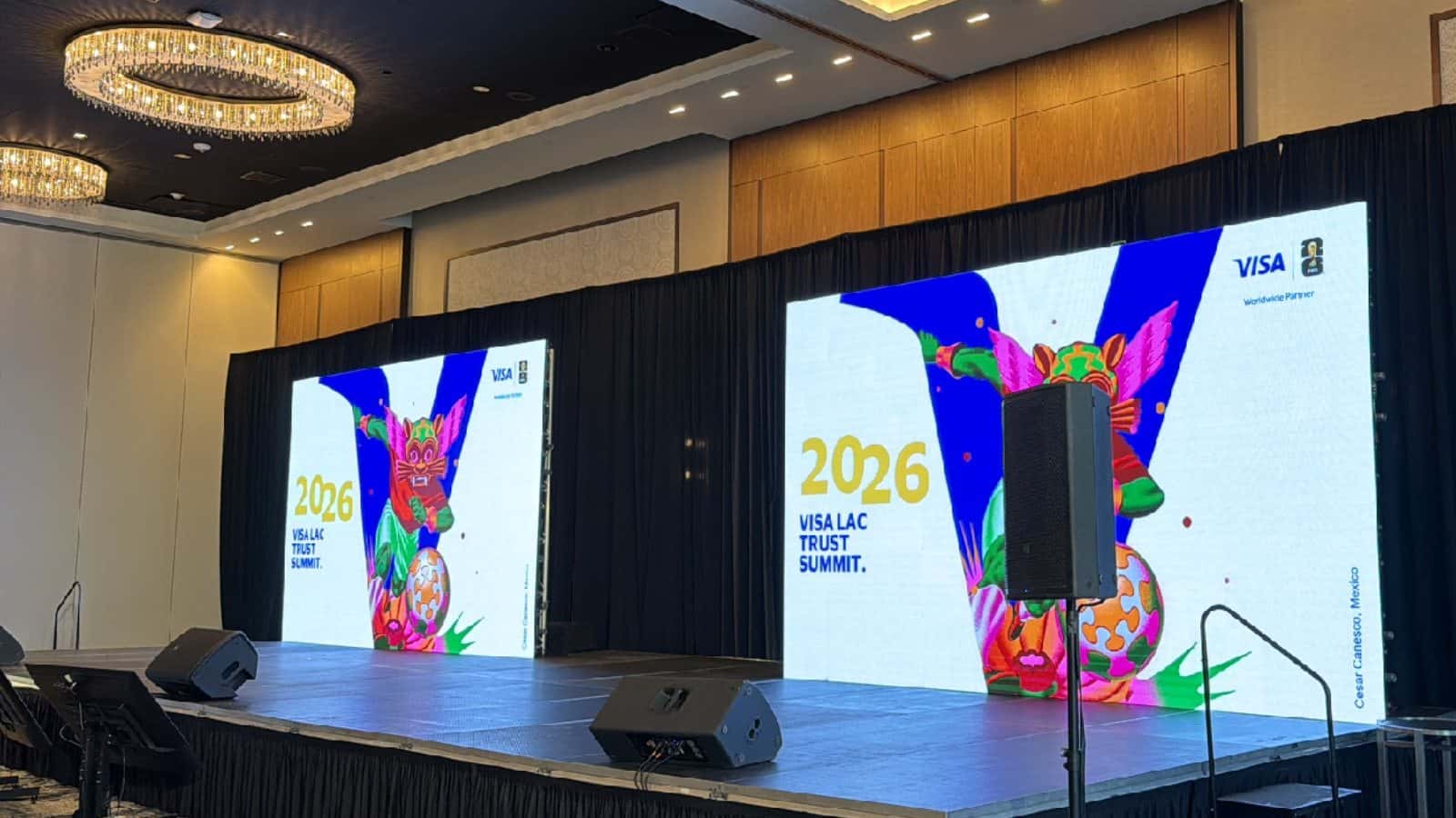 Finished conference stage riser centered in a ballroom production
