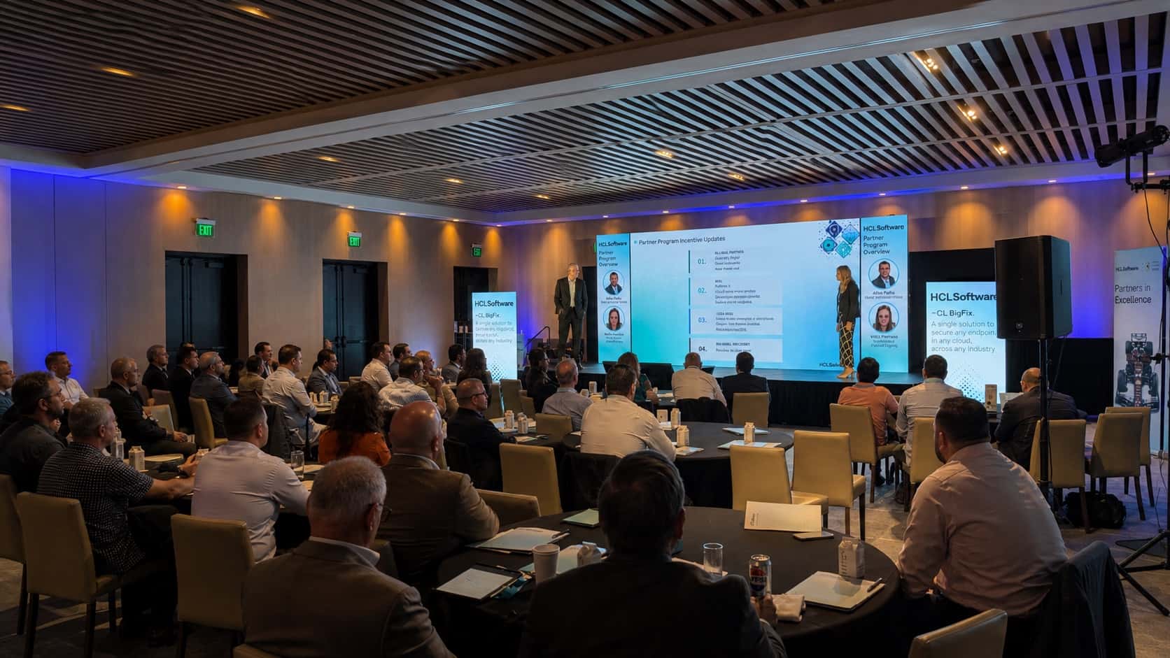 JBL speaker supporting a corporate presentation in an Orlando event room