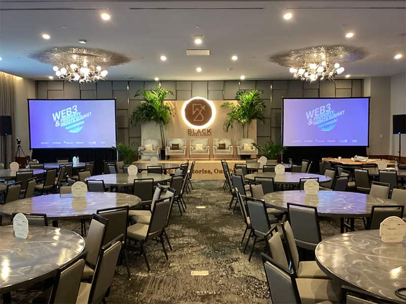 Two projector screens supporting a conference presentation in a ballroom