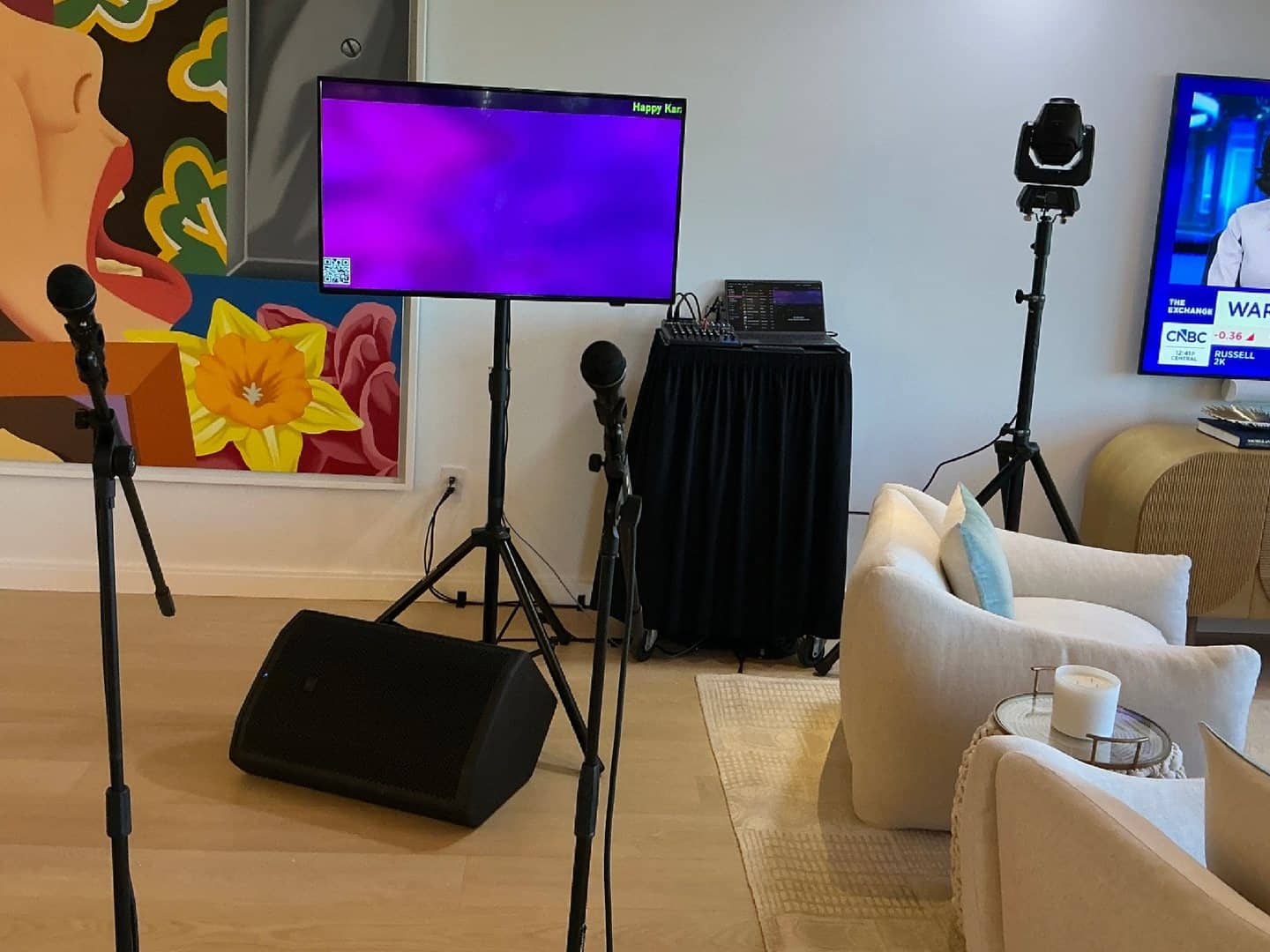 Real karaoke equipment package with television, microphones, mixer, and speaker