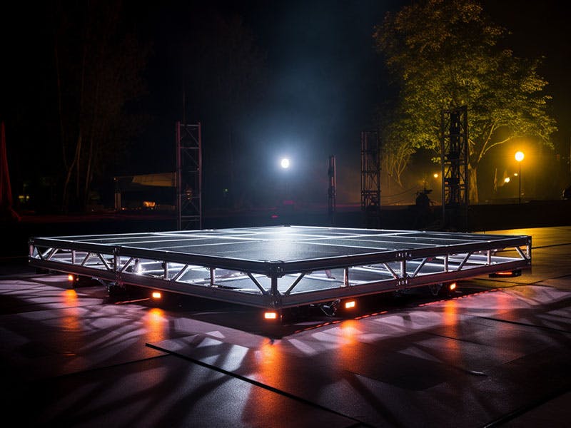 Portable stage illuminated by stage lights